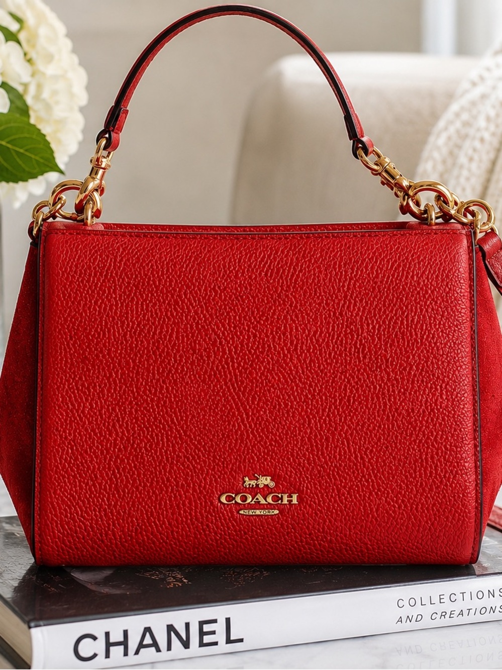 Coach Red Pebble Leather Top-Handle Satchel with Gold Hardware Turn Lock Purse